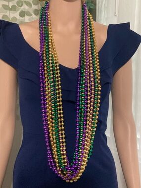 12 pcs Mardi Gras Multi-Strand Bead Necklaces - Purple, Green & Gold